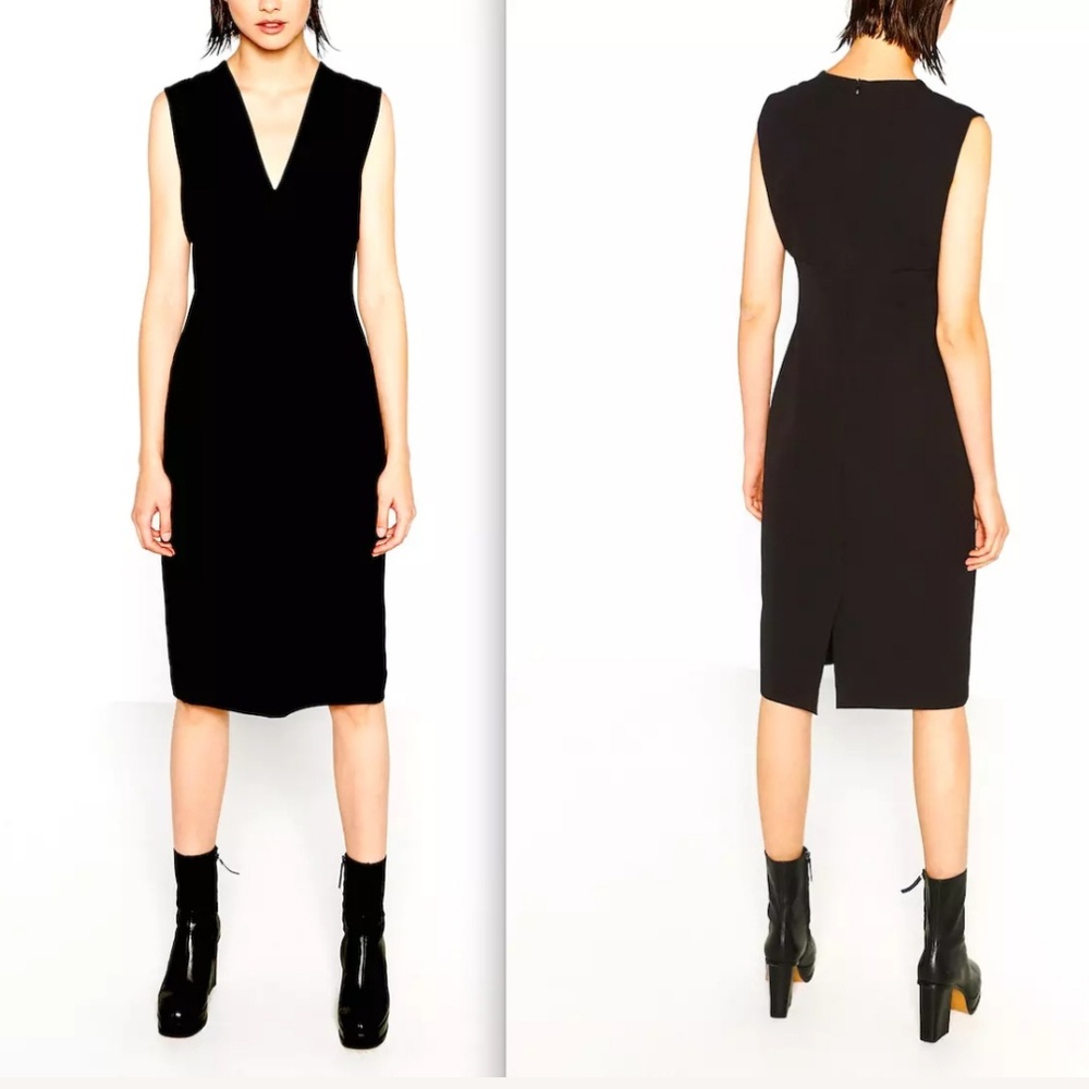 Zara woman black v-neck pencil midi dress